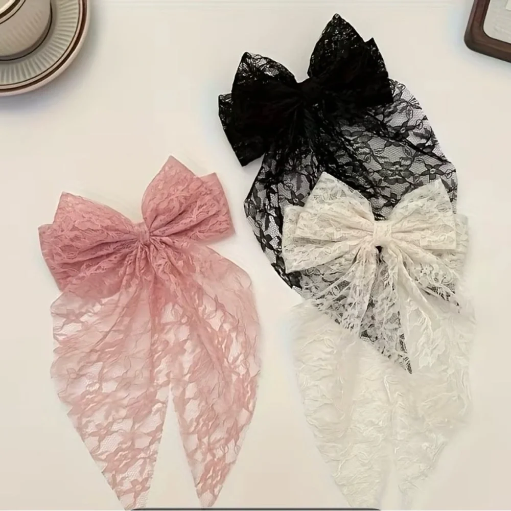Lace Bow Hair Clip Set Pink Black Cream Romantic Ribbon Clips